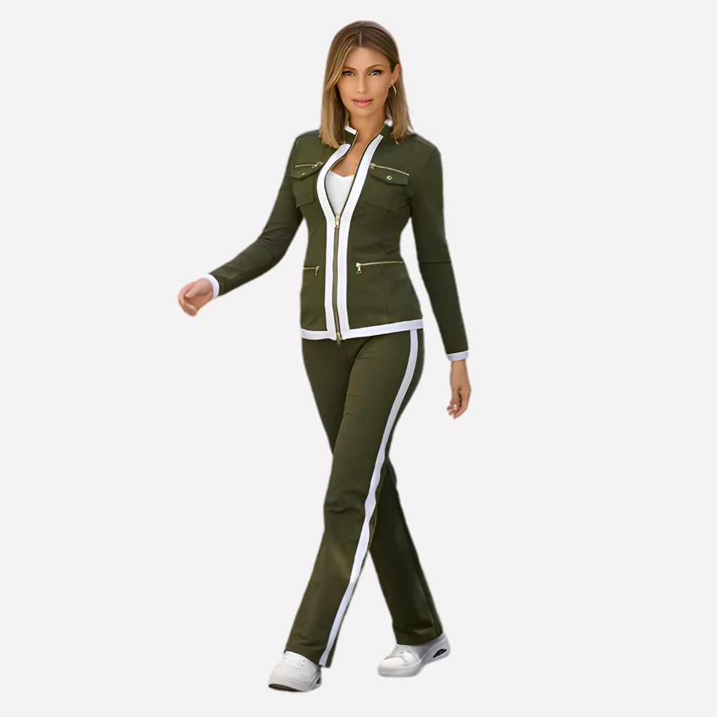 Olive green tracksuit set with zip-front jacket and straight pants, white contrast piping.