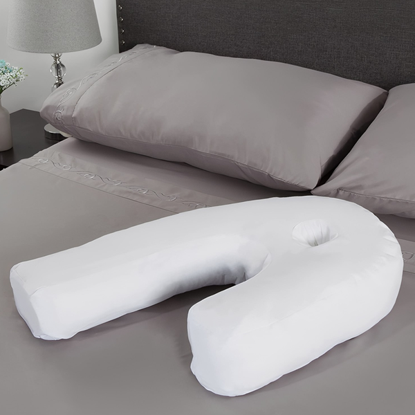 White U-shaped body pillow with contoured support for head, neck, and torso