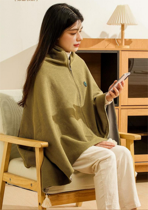 Green heated shawl wrap with zip front and tassel trim, power bank compatible