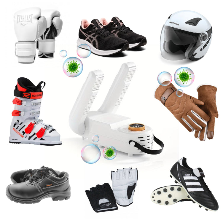 Portable shoe dryer with twin vented arms, base unit, and adjustable heat dial