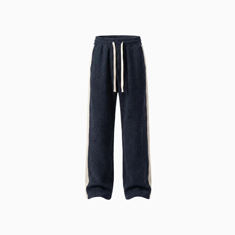 Renzo | Men's Corduroy Pants with Waffle Knit Texture Side Stripe Elastic Waist Drawstring Trackies-Sweatpants-Black/Blue-S-