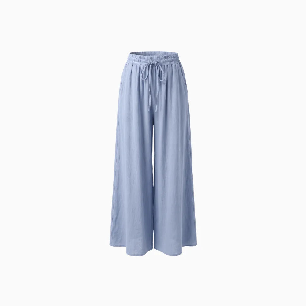 Isadora | High Waist Elastic Pants for Women - Drawstring A-Line Pockets Long Airy Fit-Women's Pants-Dark Blue-S-Camoufit