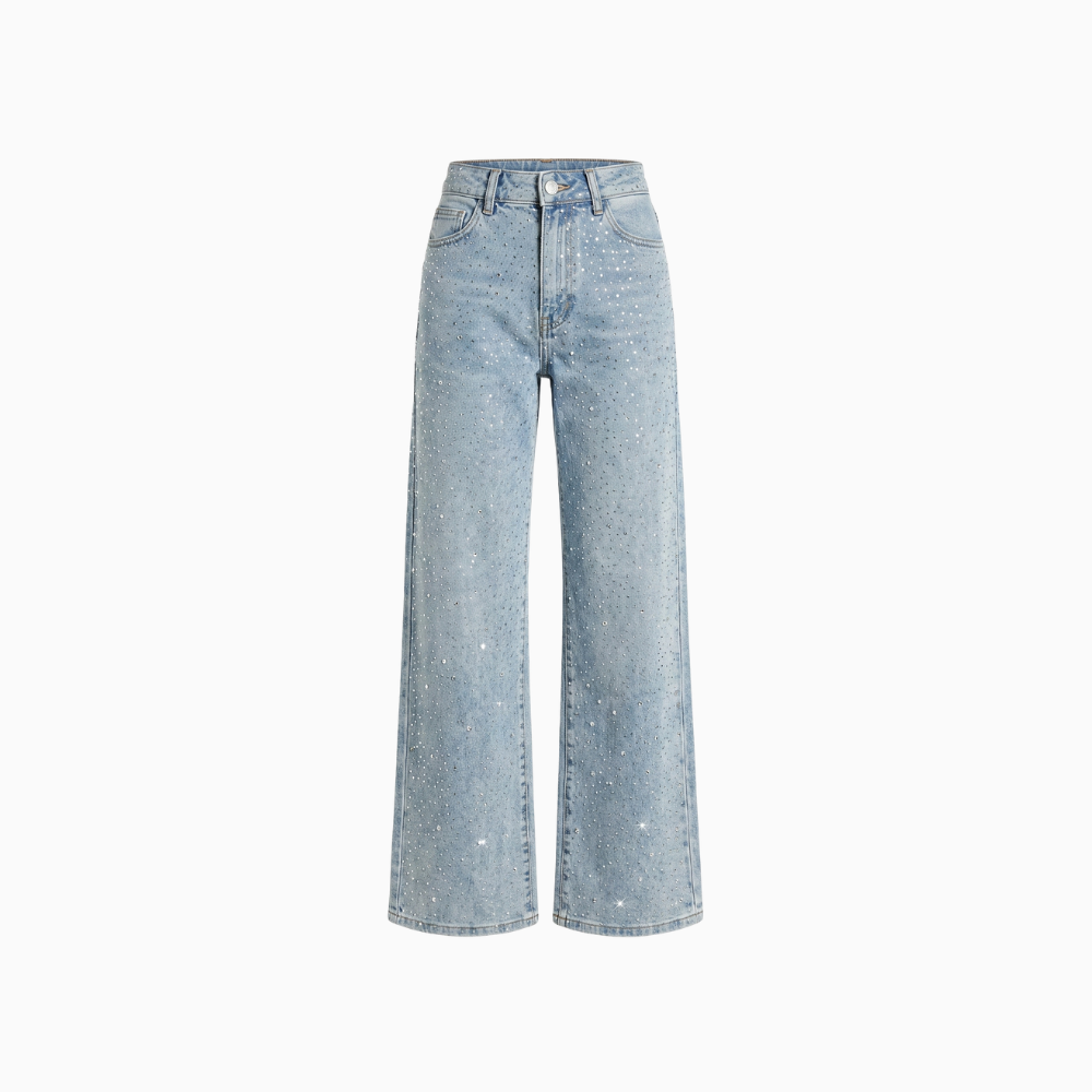 Rosélune | High Waist Diamanté Straight Jeans for Women – Sparkle Denim Straight Fit-Women's Jeans-Light Blue-S-Camoufit-