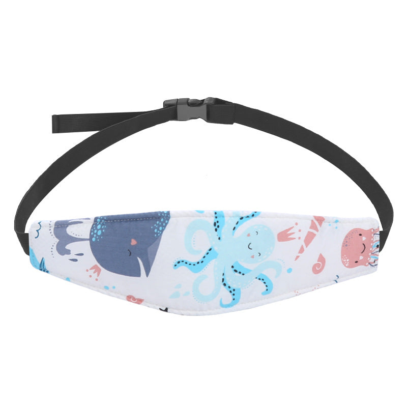 Child car seat headrest strap with white ocean print and adjustable black webbing