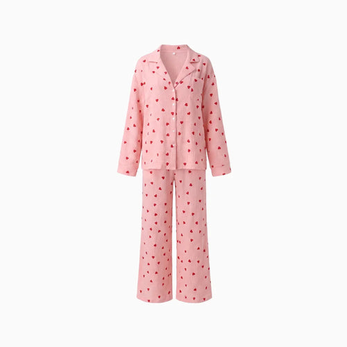 Calyra | Pyjama Set for Women - Heart Print Lightweight Relaxed Soft Cosy Loungewear Fit-Women's Two Piece Sets-Pink-S-Camoufit