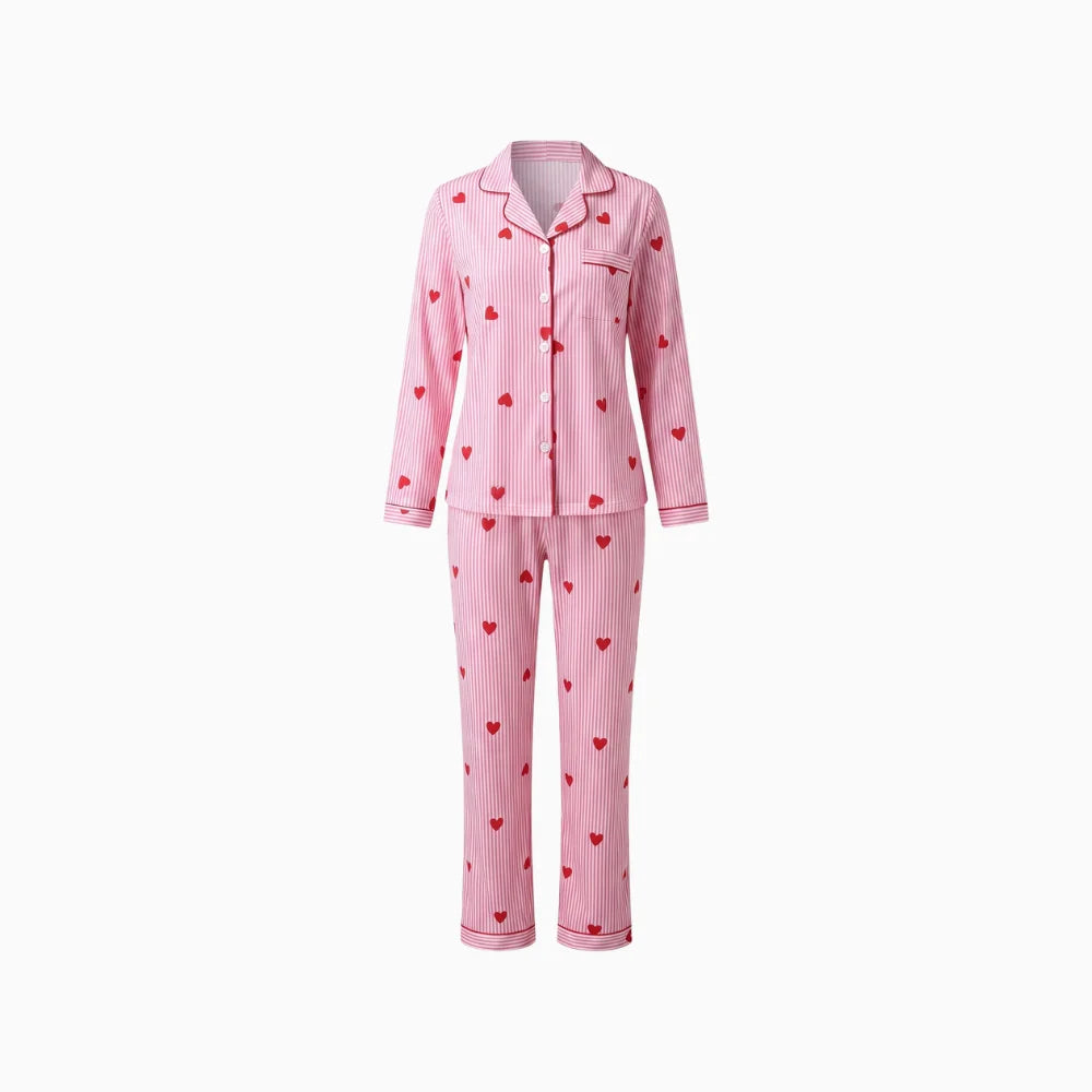 Virelle | Pink Heart Stripe Pyjama Set for Women - Notch Lapel Long Sleeve Two-Piece Fit-Women's Two Piece Sets-Pink-S-Camoufit
