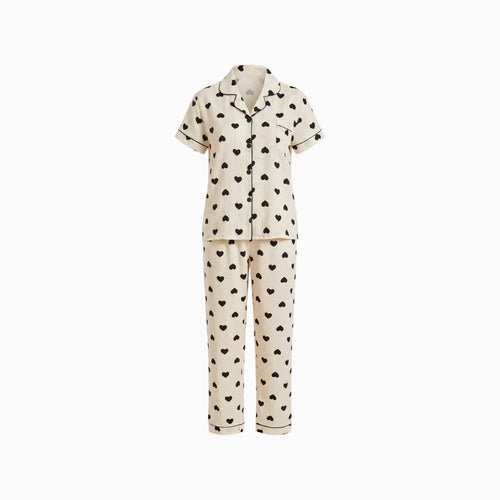 Avenza | Cream Heart Print Pyjama Set for Women - Short Sleeve Textured Elastic Pants Fit-Women's Two Piece Sets-Beige-S-Camoufit