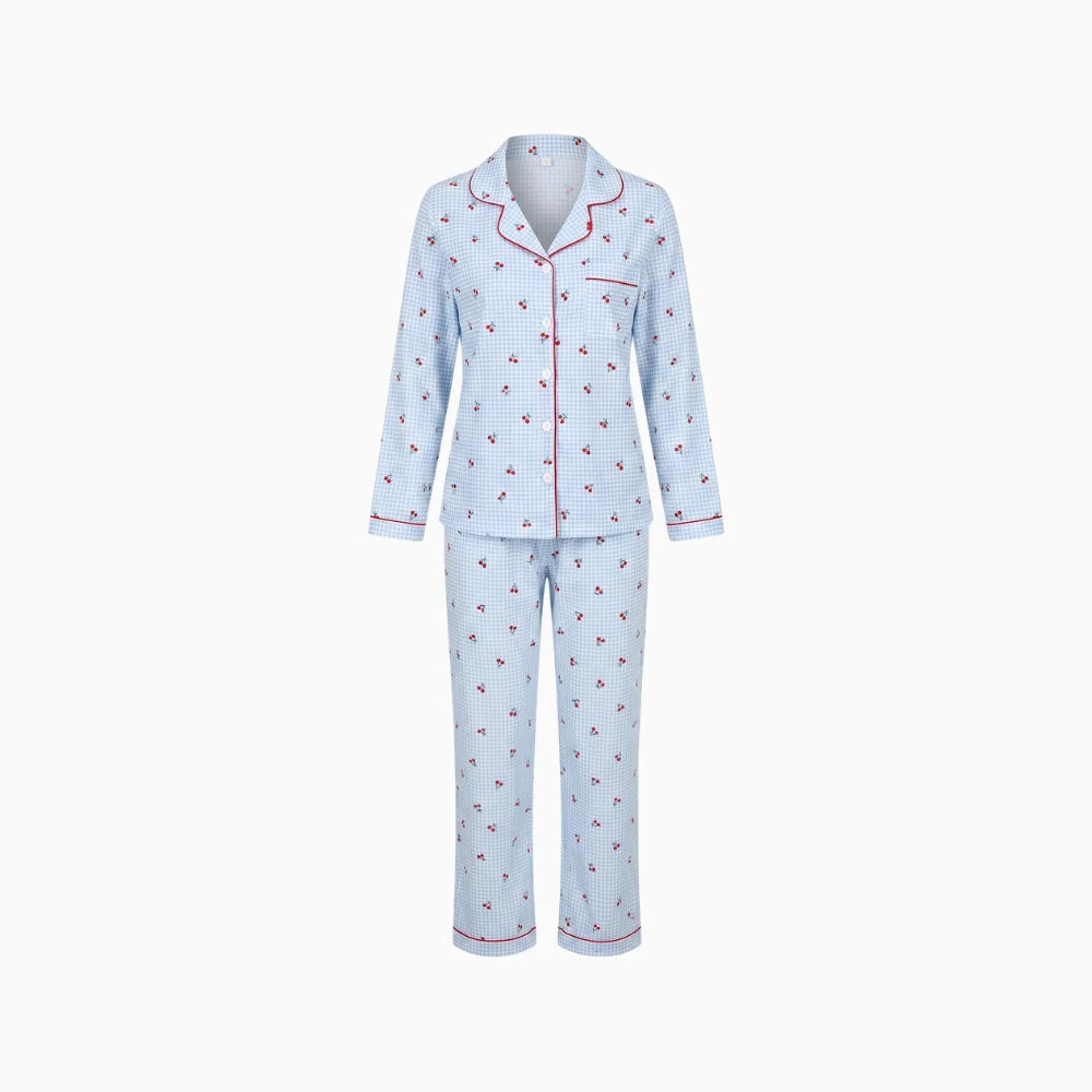 Rovelle | Blue Gingham Cherry Print Pyjama Set for Women - Notch Lapel Long Sleeve Fit-Women's Two Piece Sets-Blue-S-Camoufit