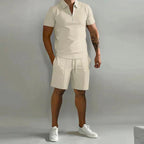 Elvano | Polo Shirt Two Piece Set for Men - Coordinated Relaxed Fit Casual Summer Fit-Men's Two Piece Set-Beige-S-Camoufit