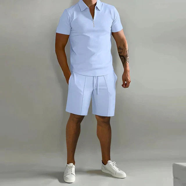 Elvano | Polo Shirt Two Piece Set for Men - Coordinated Relaxed Fit Casual Summer Fit-Men's Two Piece Set-Light Blue-S-Camoufit