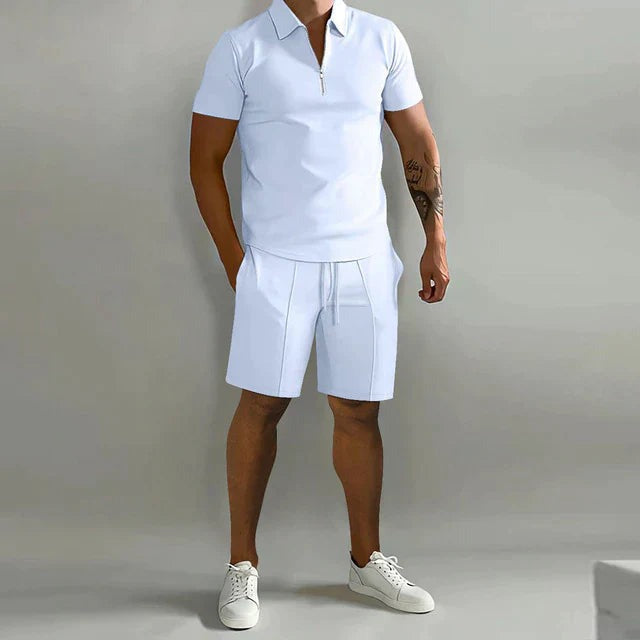 Elvano | Polo Shirt Two Piece Set for Men - Coordinated Relaxed Fit Casual Summer Fit-Men's Two Piece Set-White-S-Camoufit