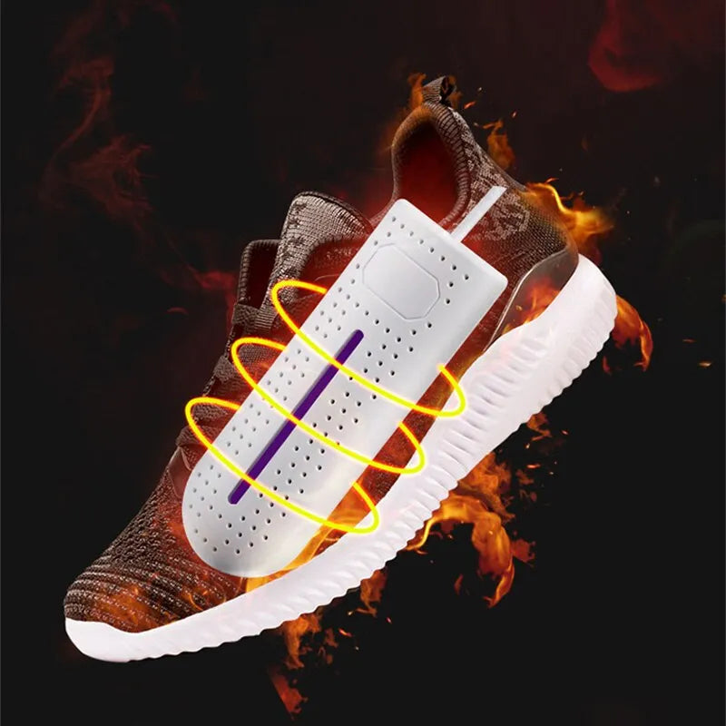 White electric shoe dryer with glowing purple UV light bar over a sneaker
