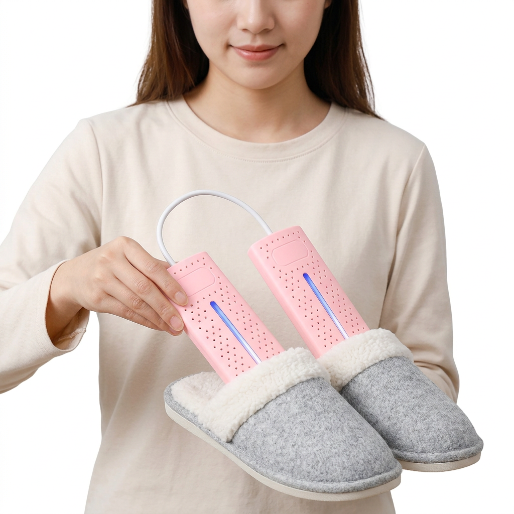 Pink electric UV shoe dryer with two panels and blue UV light, holding gray slippers.