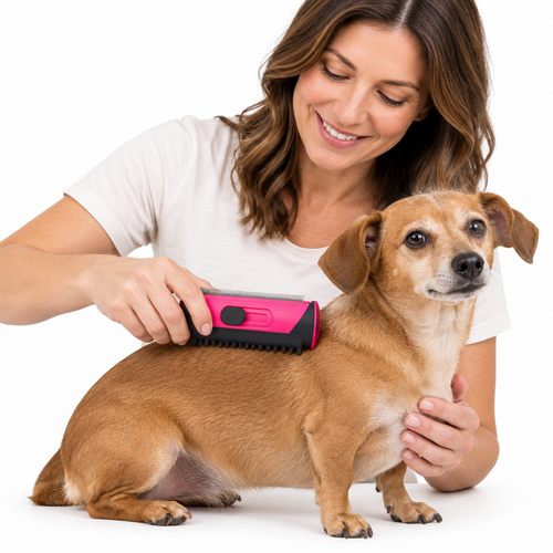 Pink 3-in-1 pet deshedding brush with massage bristles for dogs and cats