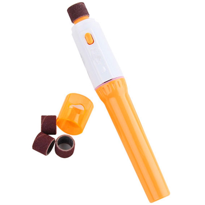 Pet nail grinder tool with rotating sanding drum and included grinding caps, orange
