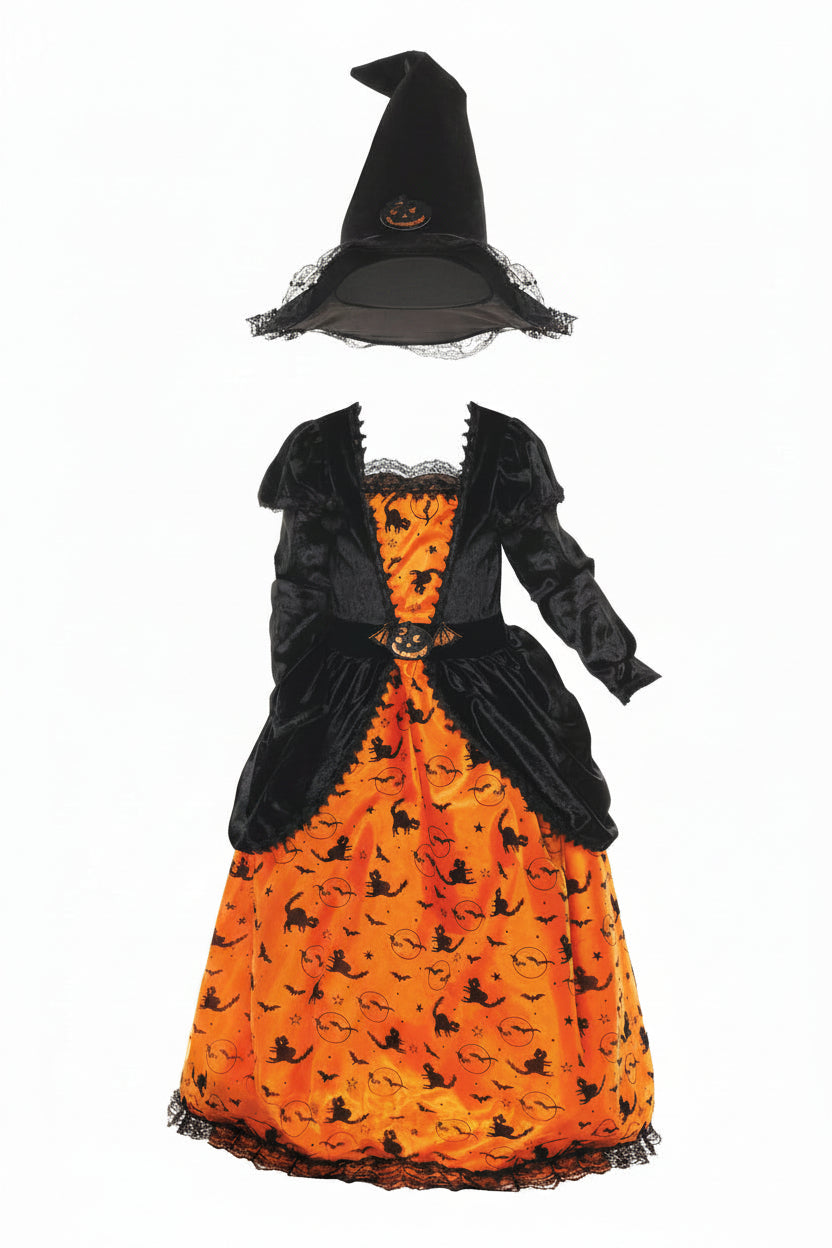 Children's Pumpkin Witch Dress and Hat Halloween Costume