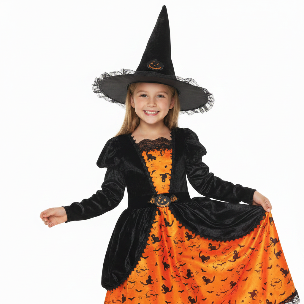 Children's Pumpkin Witch Dress and Hat Halloween Costume