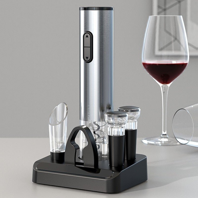 Rechargeable electric wine opener set on base with vacuum pump and pourer caps