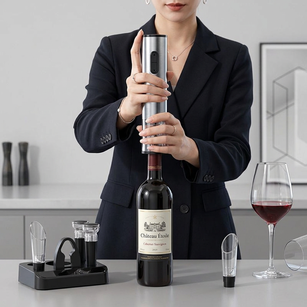 Electric wine opener in hand with wine bottle, pourer, and vacuum pump parts