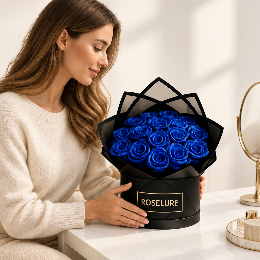 Preserved roses gift box with blue roses in black wrap, ROSELURE label