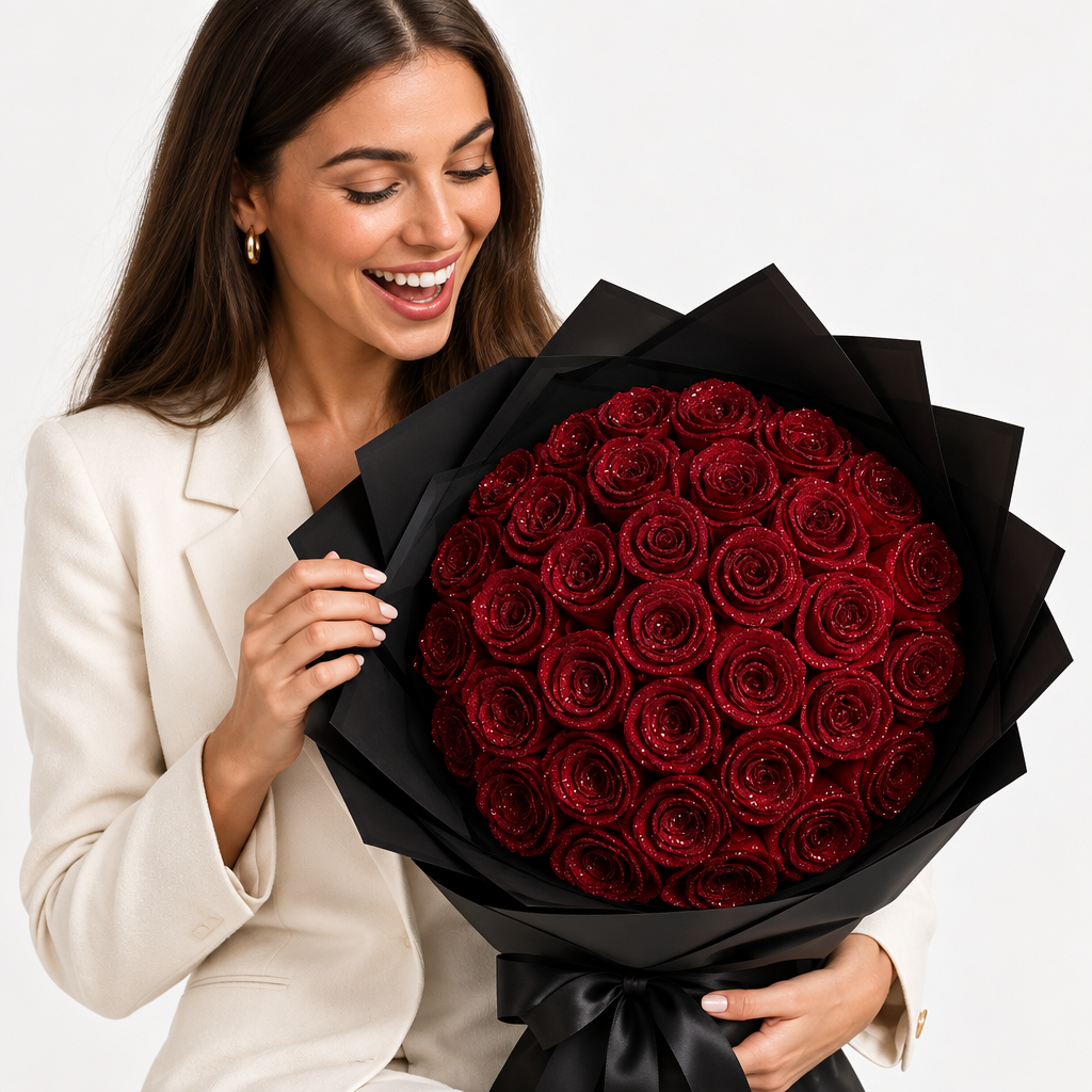 Preserved roses gift box with red roses in black wrap and bow, ROSELURE label