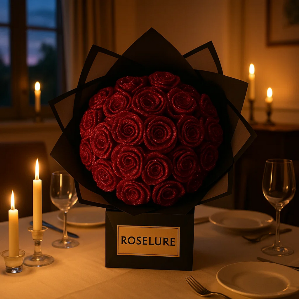 Preserved roses gift box with red roses in black wrap, ROSELURE label