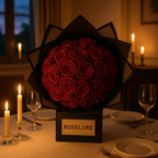 Preserved roses gift box with red roses in black wrap, ROSELURE label