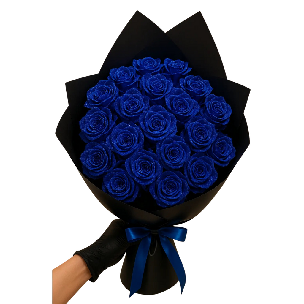 Preserved roses bouquet in black wrap with blue roses and blue ribbon, gift box