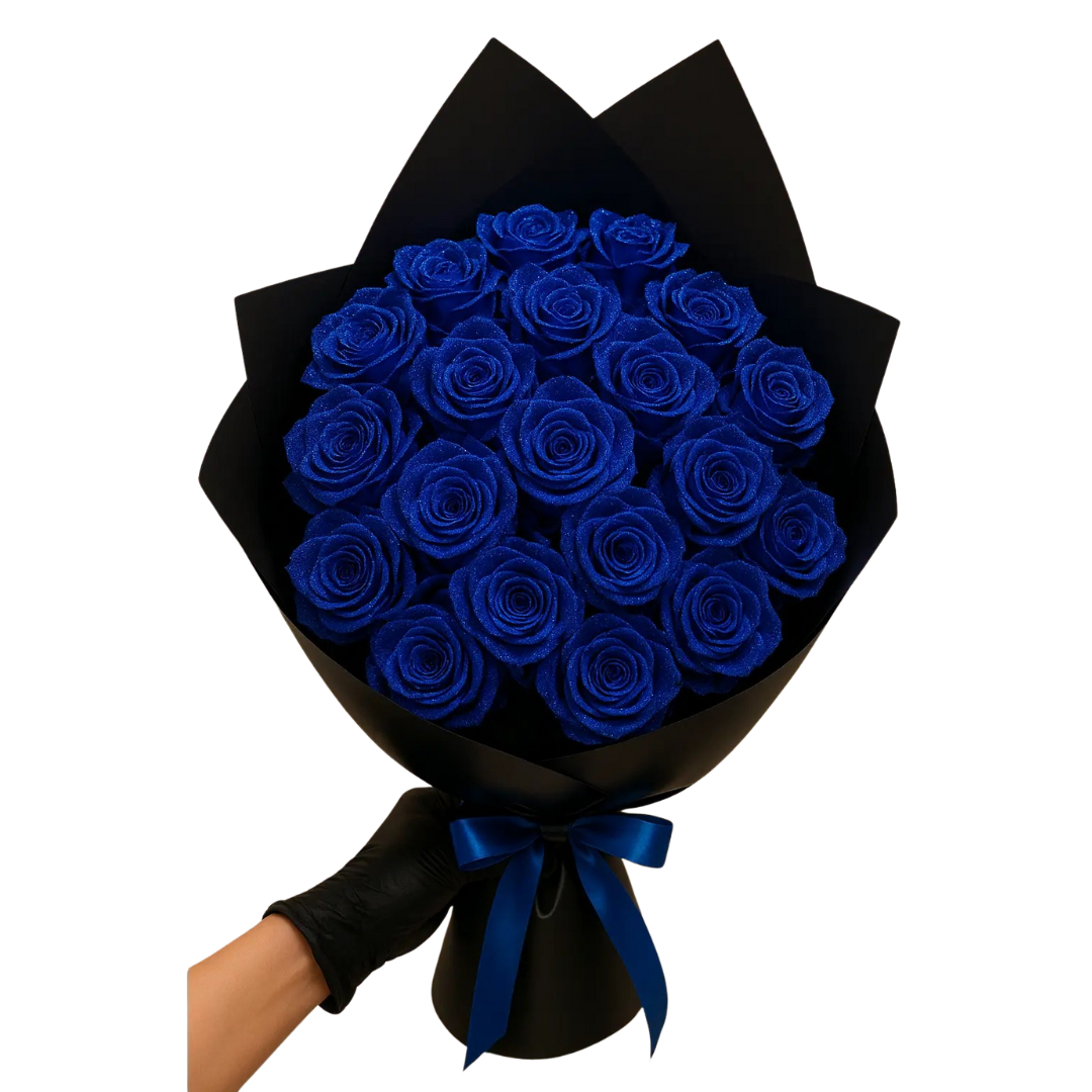 Preserved roses bouquet in black wrap with blue roses and blue ribbon, gift box