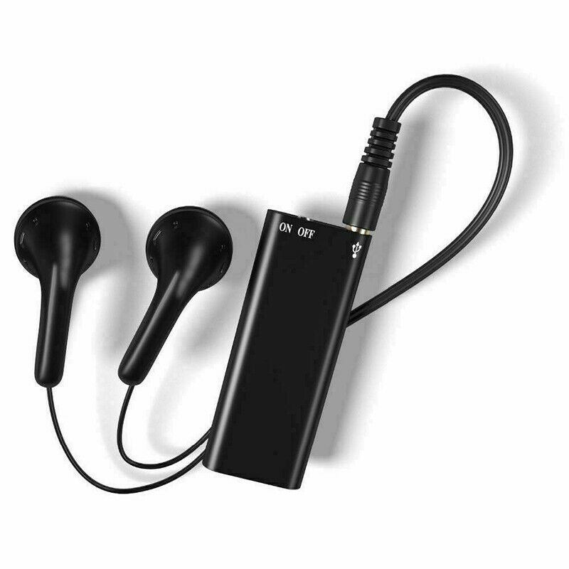 Black mini voice recorder with two earbuds, cable set, and ON/OFF switch