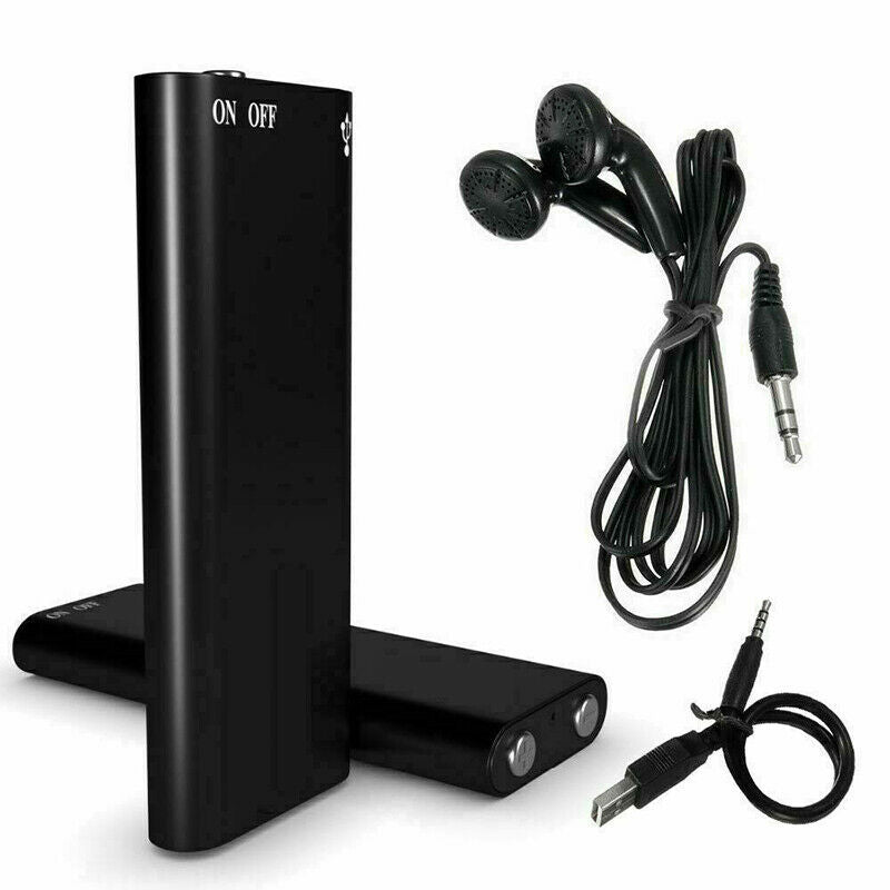 Black mini voice recorder with built-in mic, compact base, and USB flash design