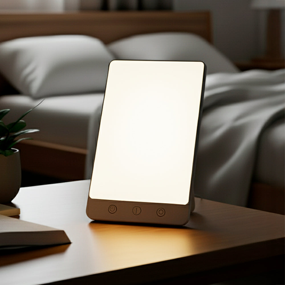 Slim LED daylight lamp with illuminated rectangular panel and touch buttons on base