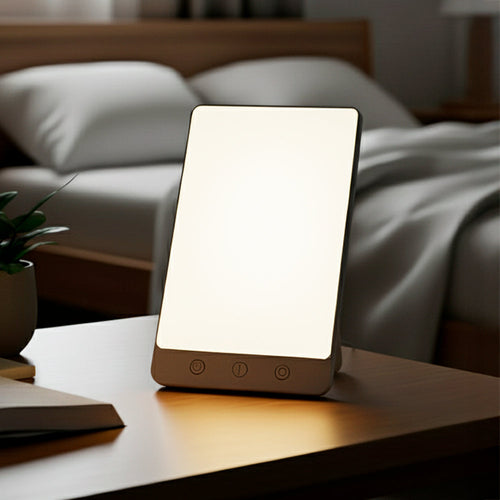 Slim LED daylight lamp with illuminated rectangular panel and touch buttons on base