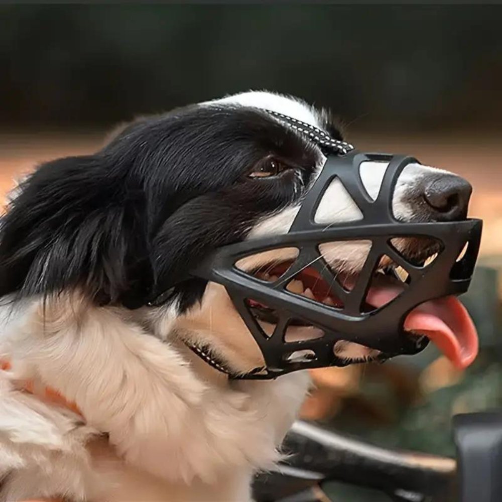 Black mesh dog muzzle close-up with secure straps and open basket design