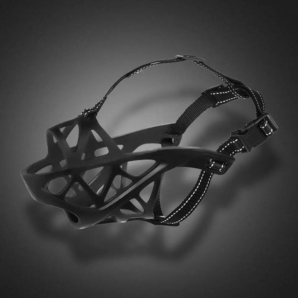 Black adjustable dog muzzle with breathable mesh basket frame and side straps