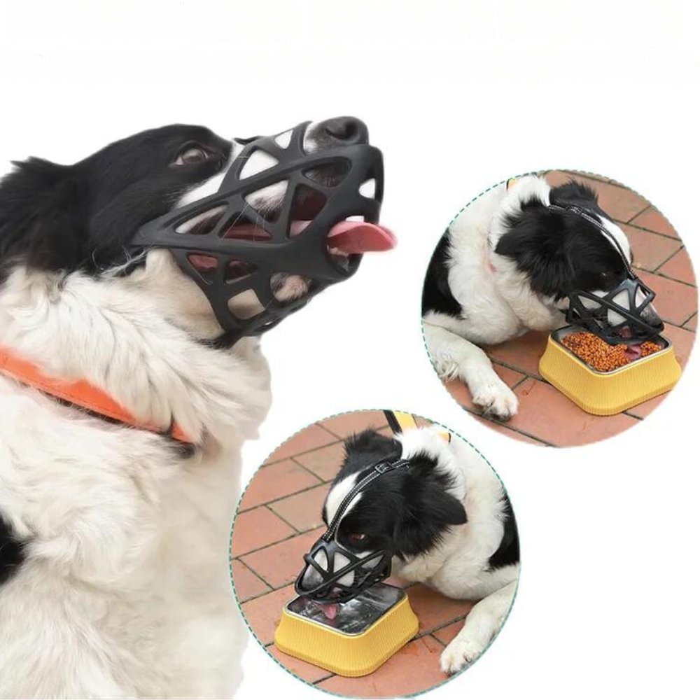 Black breathable mesh dog muzzle with adjustable straps shown from side angles