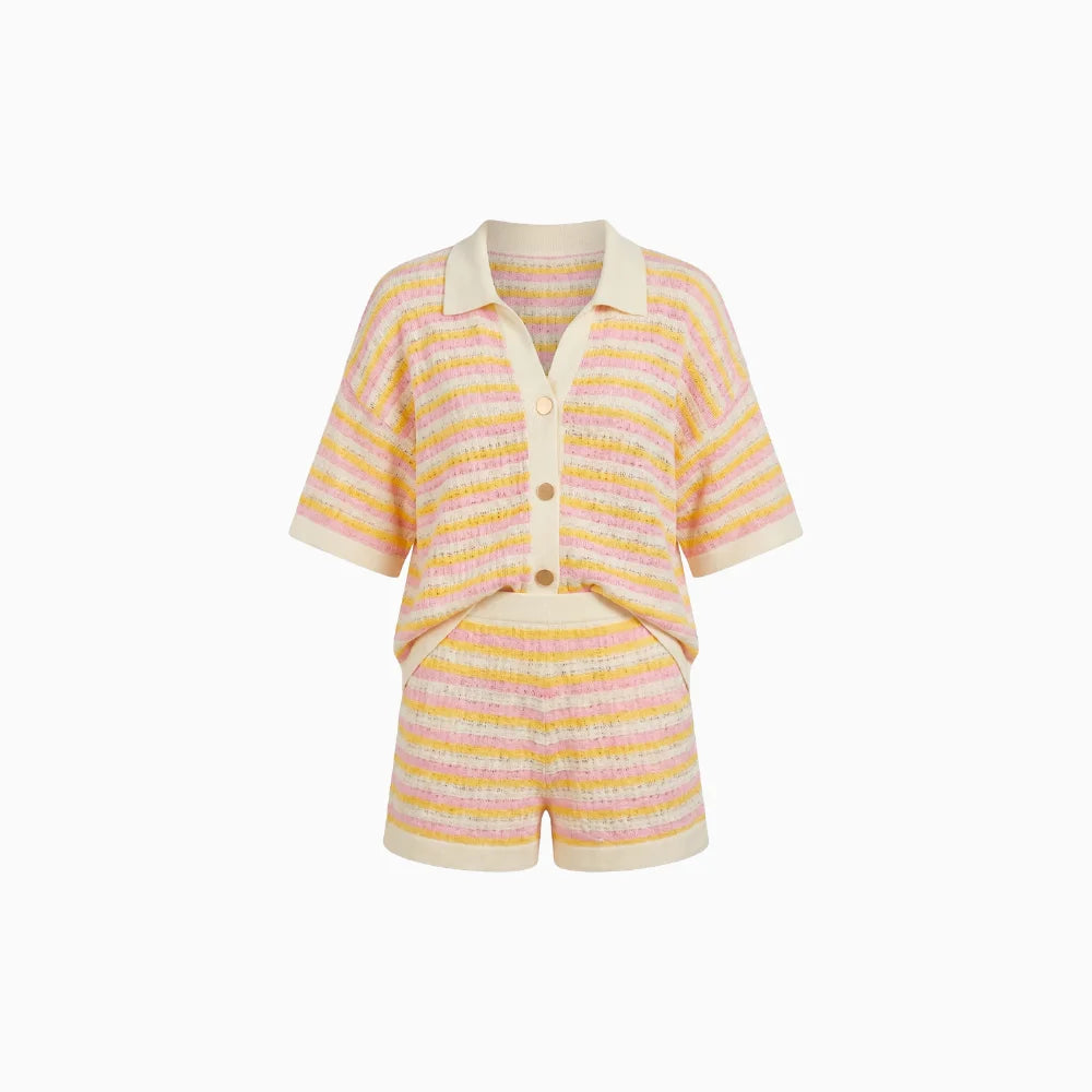 Women's Striped Blouse and High Waist Shorts Set – Summer Relaxed Fit-Women's Two Piece Sets-Pink Yellow-S-