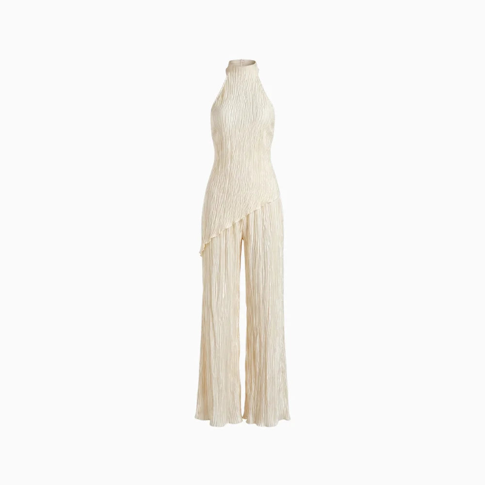 Women's Pleated Two Piece Set – Halter Wide Leg Elegant Fit-Women's Two Piece Sets-Beige-XS-
