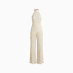 Women's Pleated Two Piece Set – Halter Wide Leg Elegant Fit-Women's Two Piece Sets-Beige-XS-