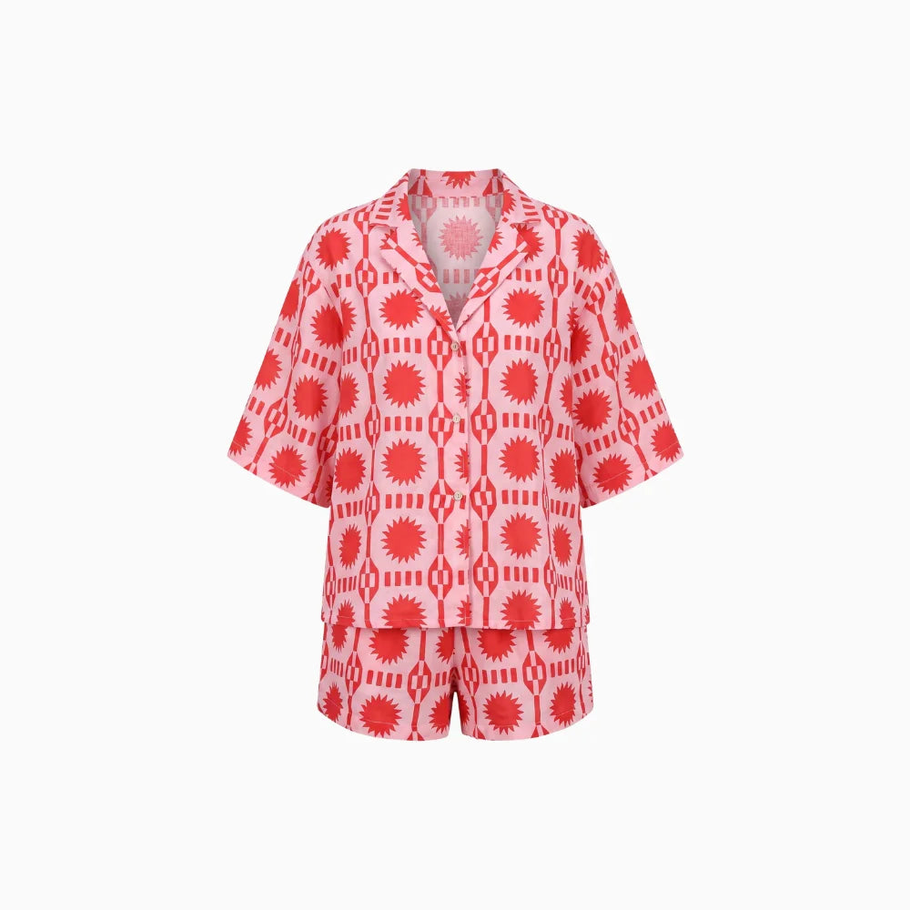 Elyra | Shirt and Shorts Set for Women - Geometric Print Relaxed Fit-Women's Two Piece Sets-Red-S-Camoufit