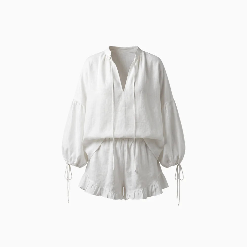Amélis | Cotton Lounge Set for Women - Ruffle Hem Tie Sleeve Relaxed Fit-Women's Two Piece Sets-White-S-Camoufit