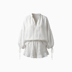 Amélis | Cotton Lounge Set for Women - Ruffle Hem Tie Sleeve Relaxed Fit-Women's Two Piece Sets-White-S-Camoufit
