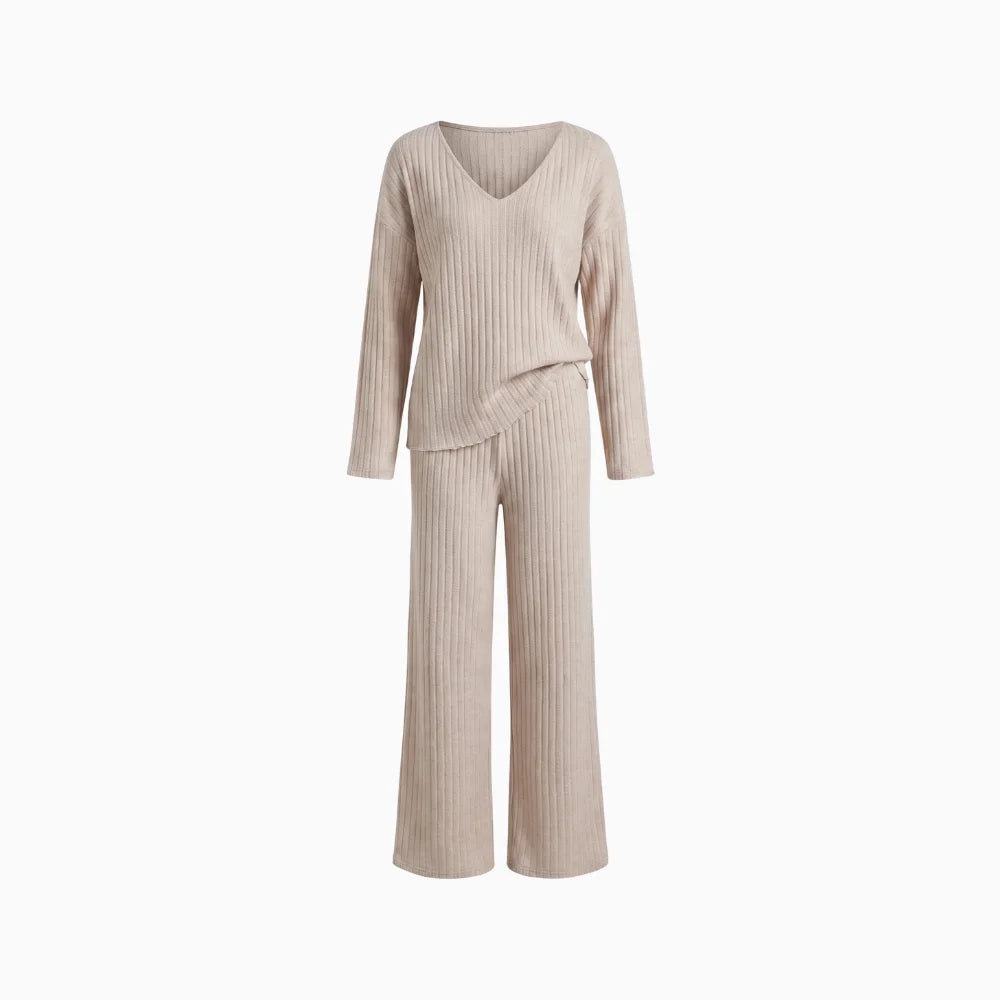Amélis | Soft Knit Set for Women - V Neck Ribbed Sweater Trousers Relaxed Cosy Two Piece Fit-Loungewear set-Beige-S-Camoufit