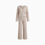 Amélis | Soft Knit Set for Women - V Neck Ribbed Sweater Trousers Relaxed Cosy Two Piece Fit-Loungewear set-Beige-S-Camoufit