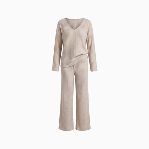 Amélis | Soft Knit Set for Women - V Neck Ribbed Sweater Trousers Relaxed Cosy Two Piece Fit-Loungewear set-Beige-S-Camoufit