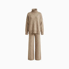 Women's Knit Turtleneck Lounge Set – Soft Wide Leg Relaxed Fit-Women's Two Piece Sets-Beige-S-