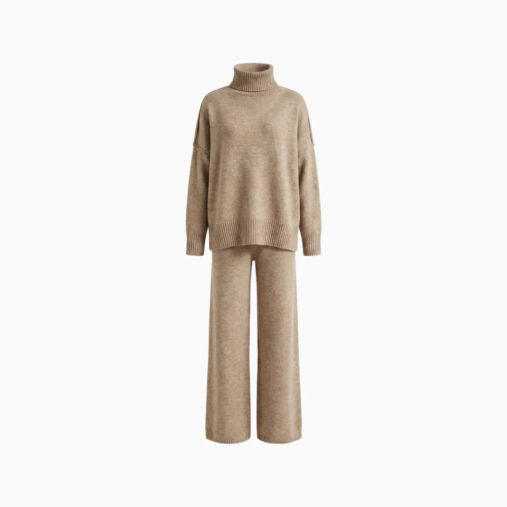Women's Knit Turtleneck Lounge Set – Soft Wide Leg Relaxed Fit-Women's Two Piece Sets-Beige-S-