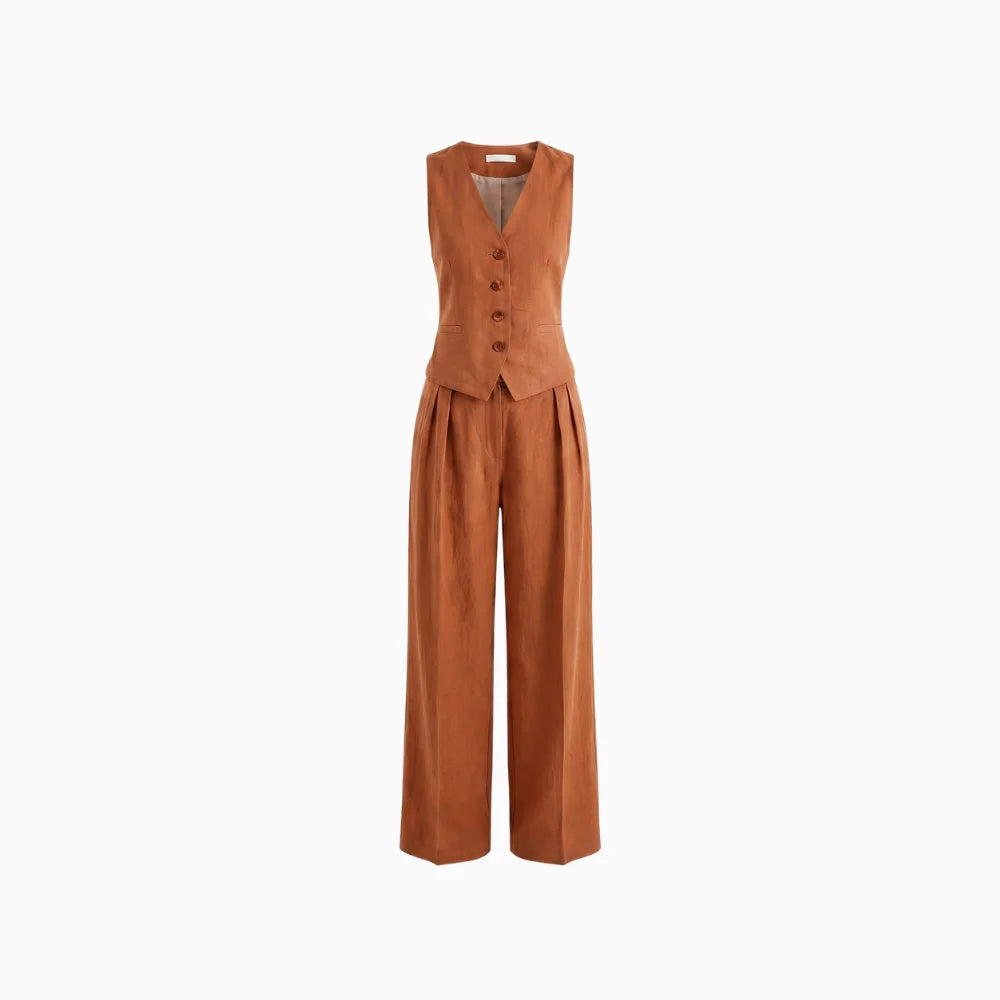 Women's Cotton Linen Two Piece Set – Waistcoat Wide Leg Relaxed Fit-Women's Two Piece Sets-Orange-S-
