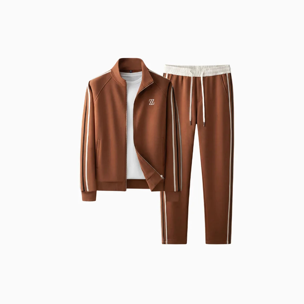 Men's Tracksuit Set – Zip Jacket Side Stripe Jogger Fit-Men's Tracksuit-Chestnut Brown-XS-