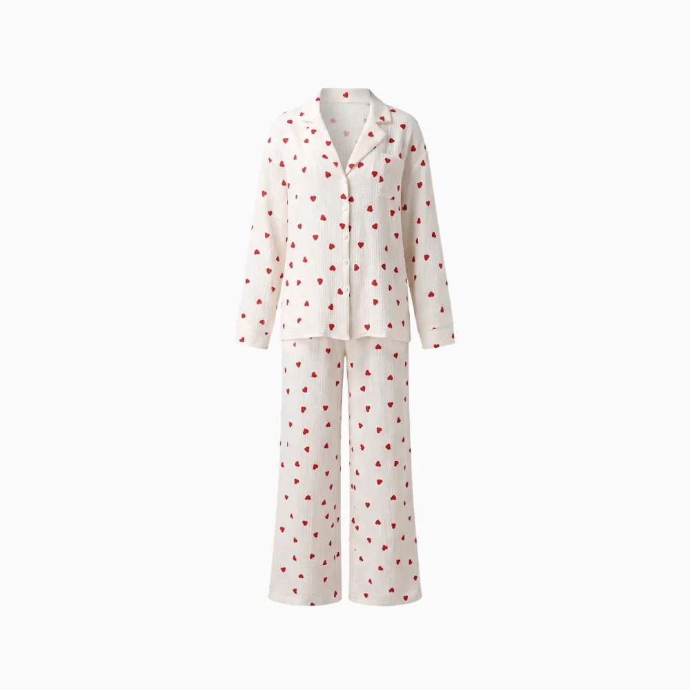 Isola | Pyjama Set for Women - Heart Print Lightweight Relaxed Soft Cosy Loungewear Fit-Loungewear set-White-S-Camoufit
